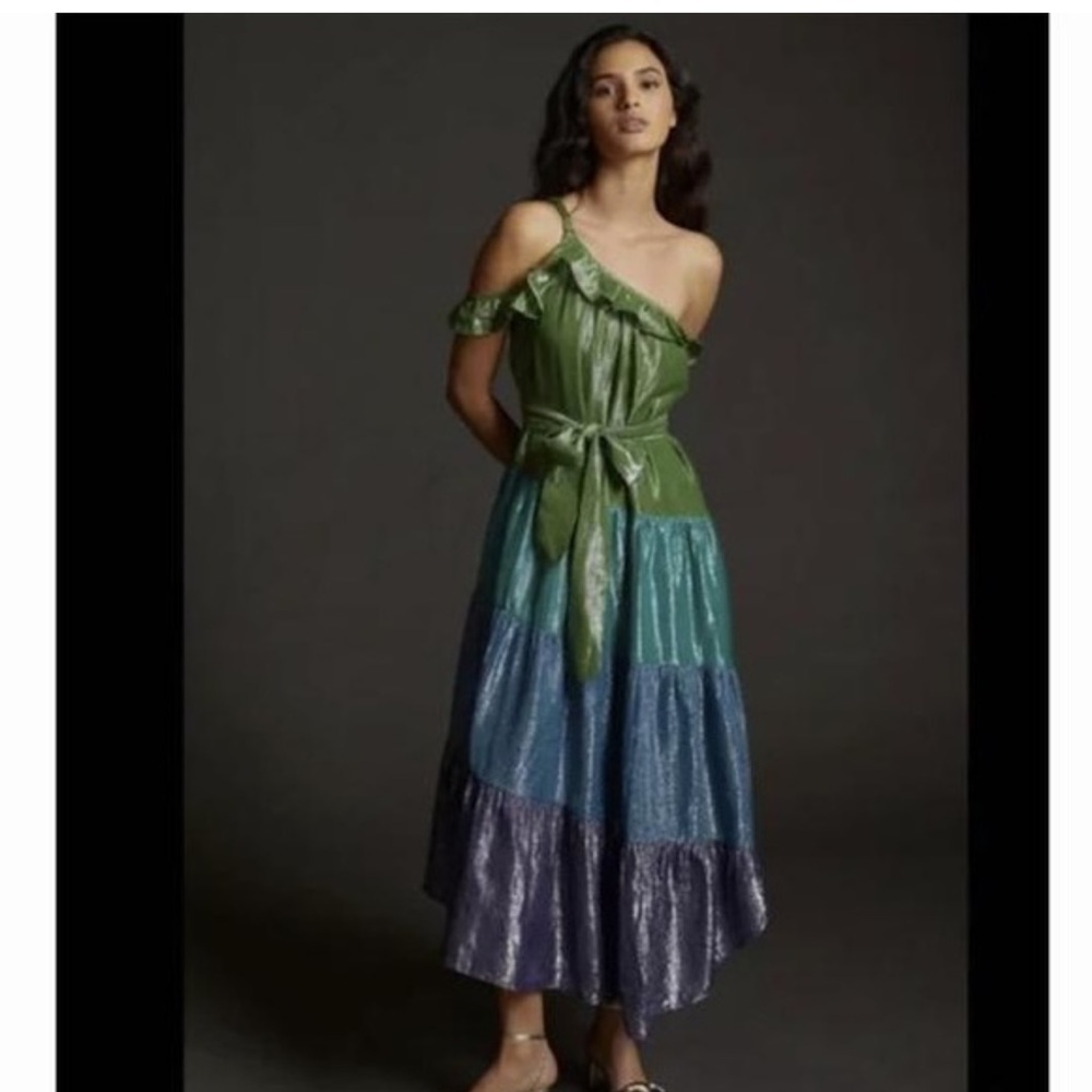 Anthropologie Ruffled One Shoulder Shimmer Metallic Midi Maxi
Dress Size Small
